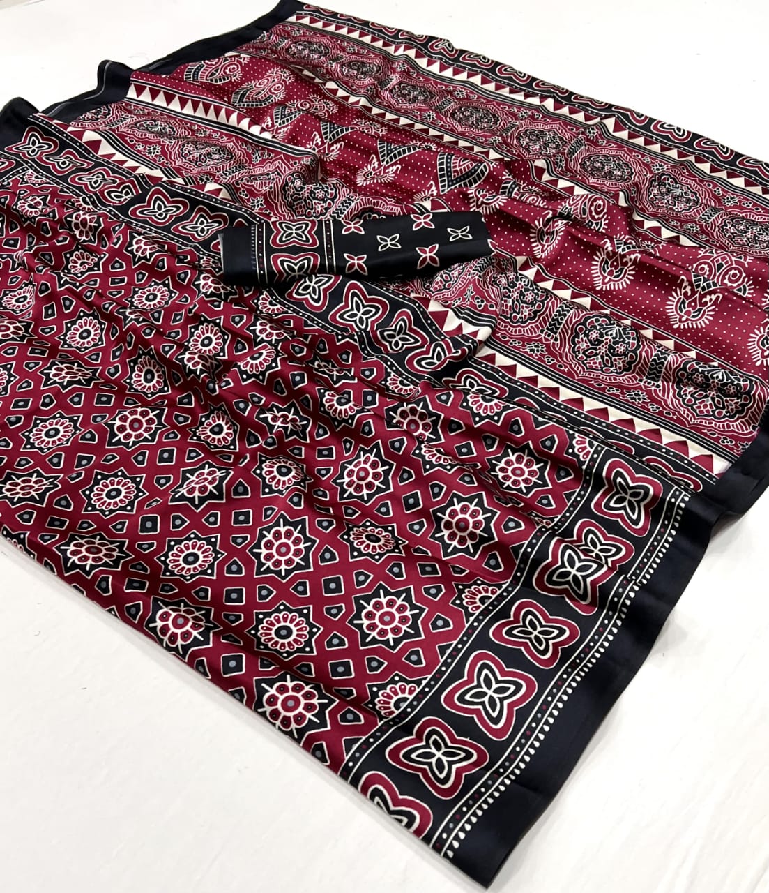 Ajrakh Digital Print Muslin fabric Saree