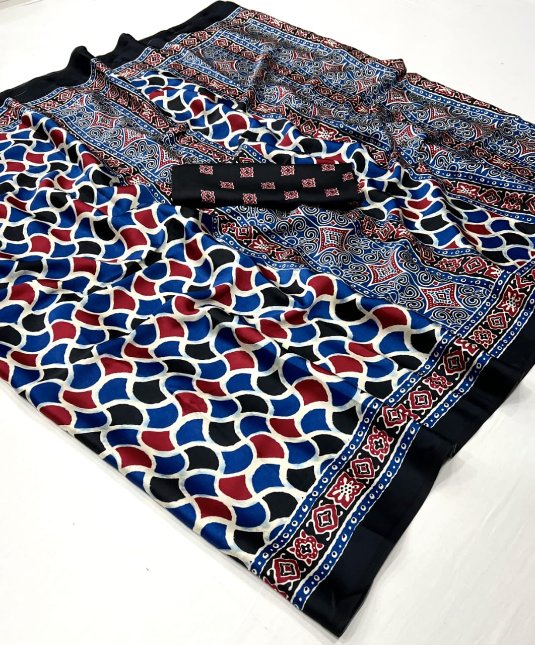 Ajrakh Digital Print Muslin fabric Saree