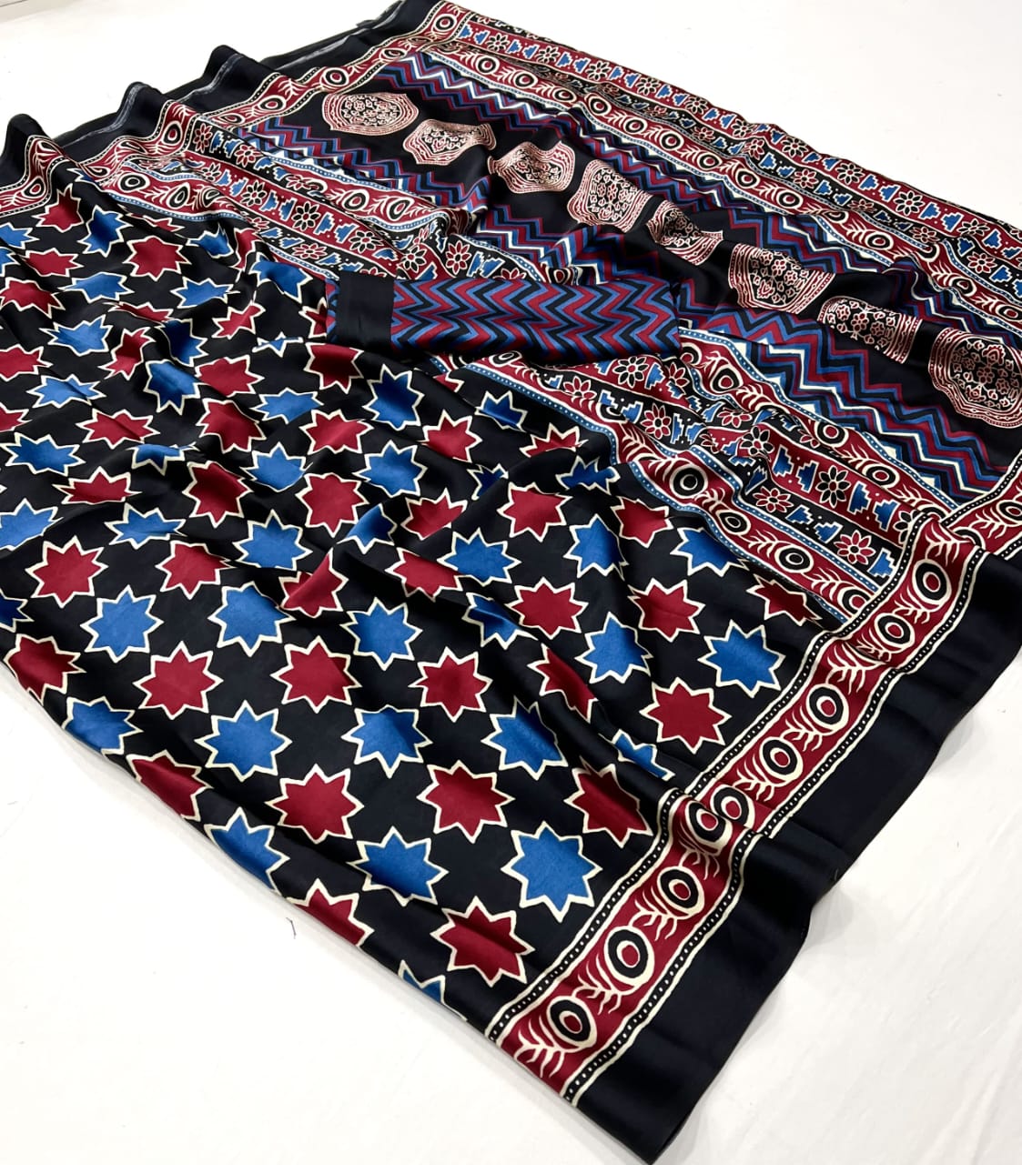 Ajrakh Digital Print Muslin fabric Saree