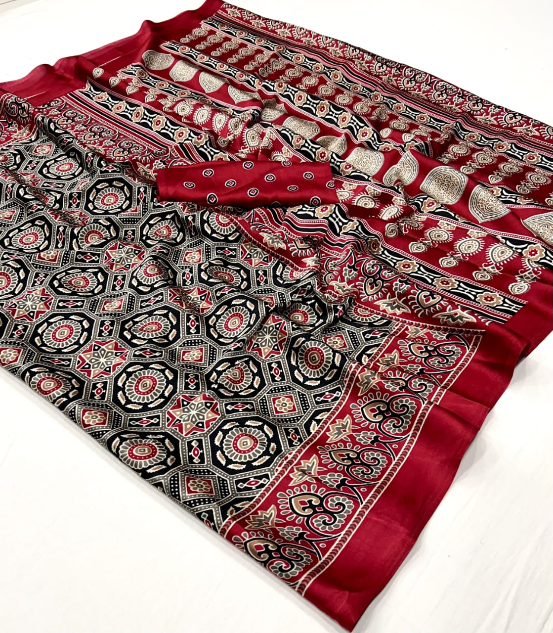 Ajrakh Digital Print Muslin fabric Saree