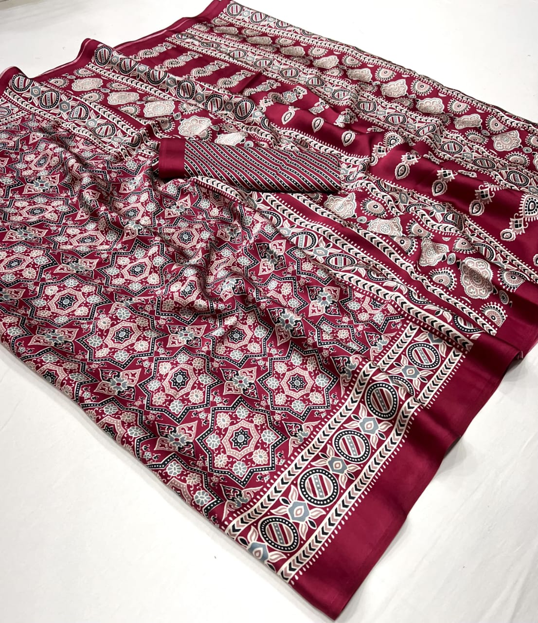 Ajrakh Digital Print Muslin fabric Saree