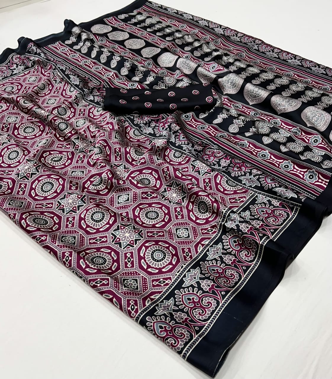 Ajrakh Digital Print Muslin fabric Saree