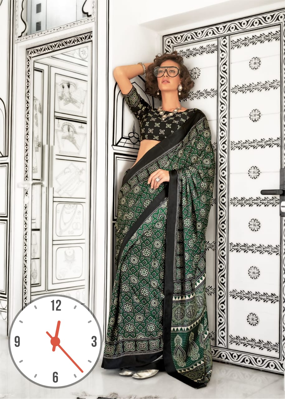 Ajrakh Digital Print Muslin fabric Saree