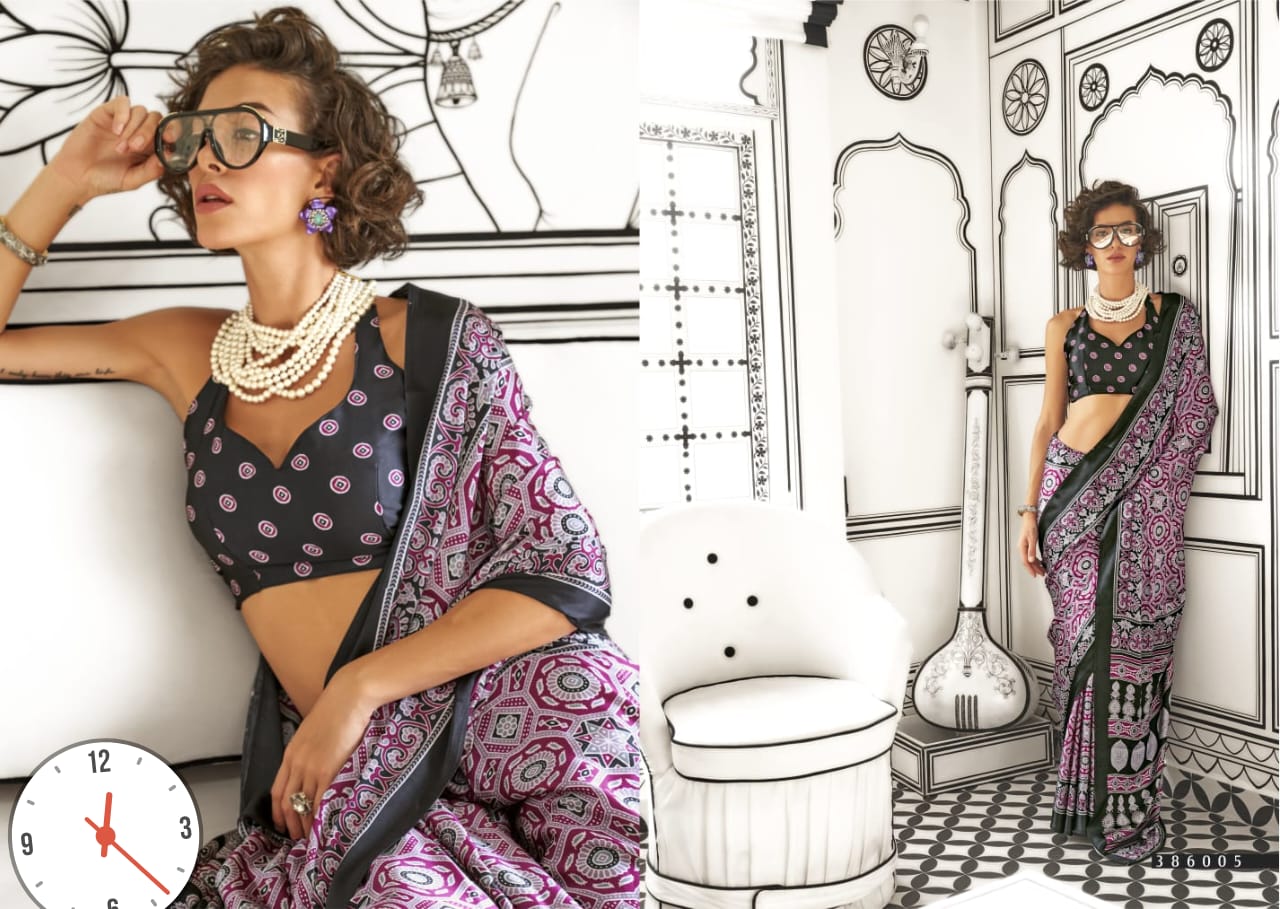 Ajrakh Digital Print Muslin fabric Saree