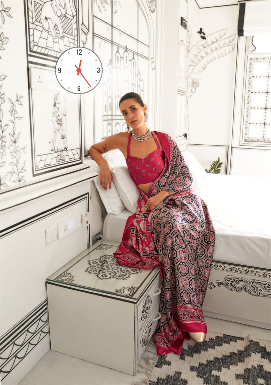 Ajrakh Digital Print Muslin fabric Saree