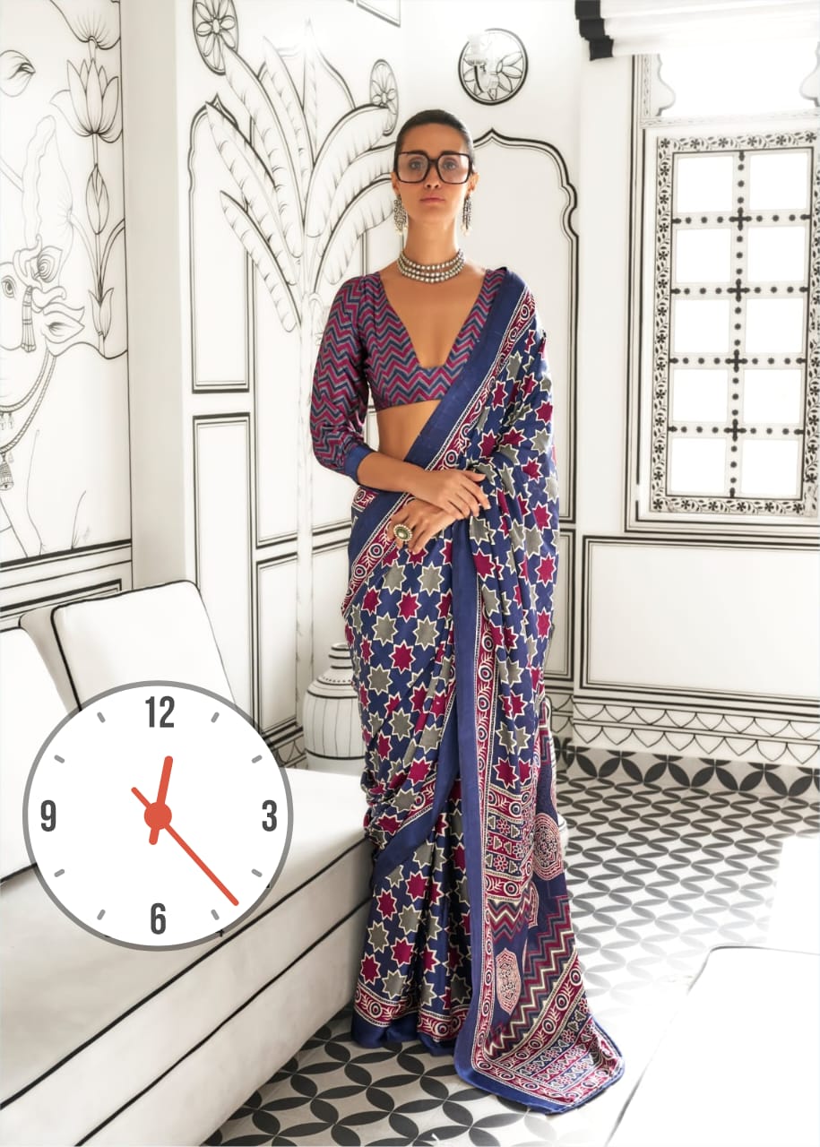 Ajrakh Digital Print Muslin fabric Saree