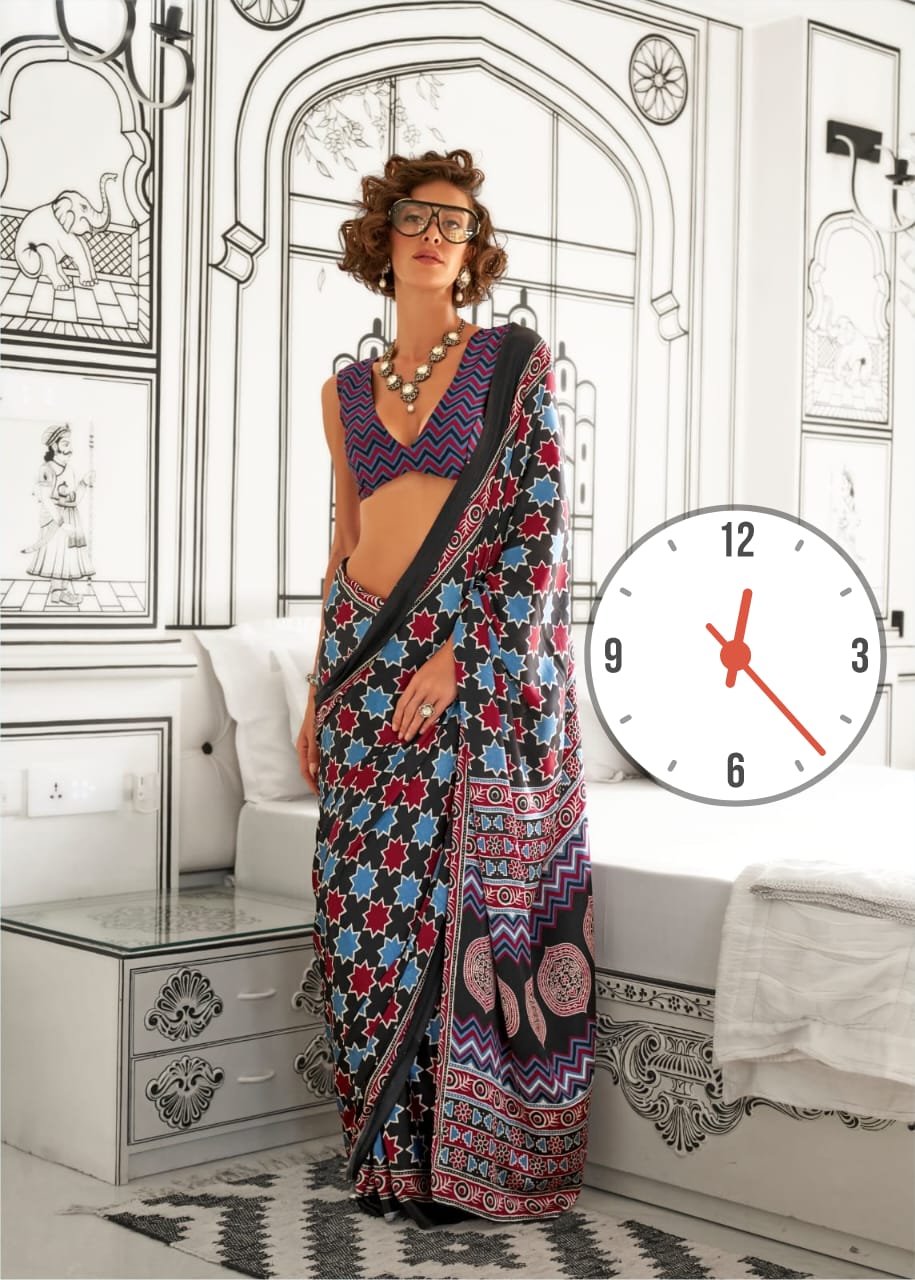 Ajrakh Digital Print Muslin fabric Saree