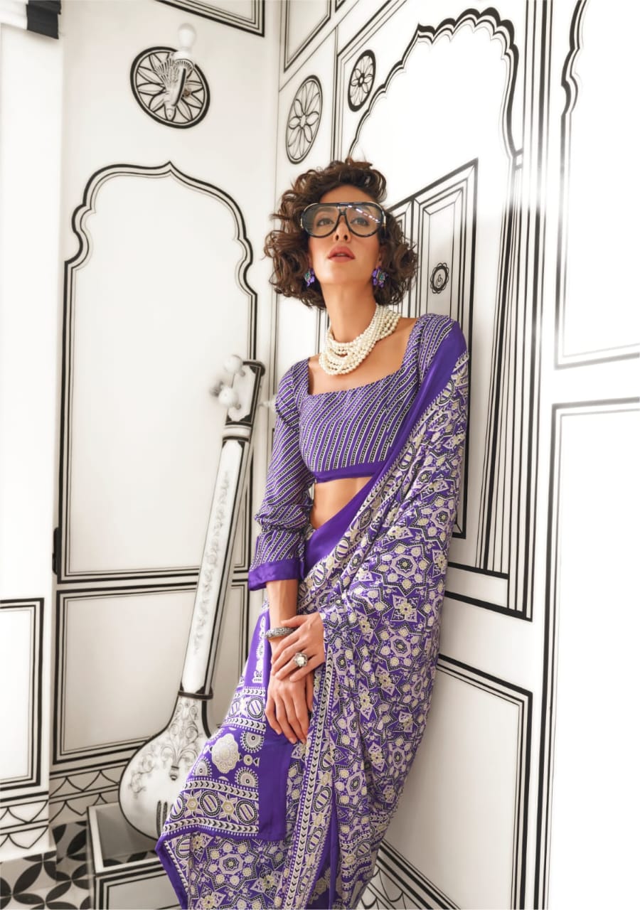 Ajrakh Digital Print Muslin fabric Saree