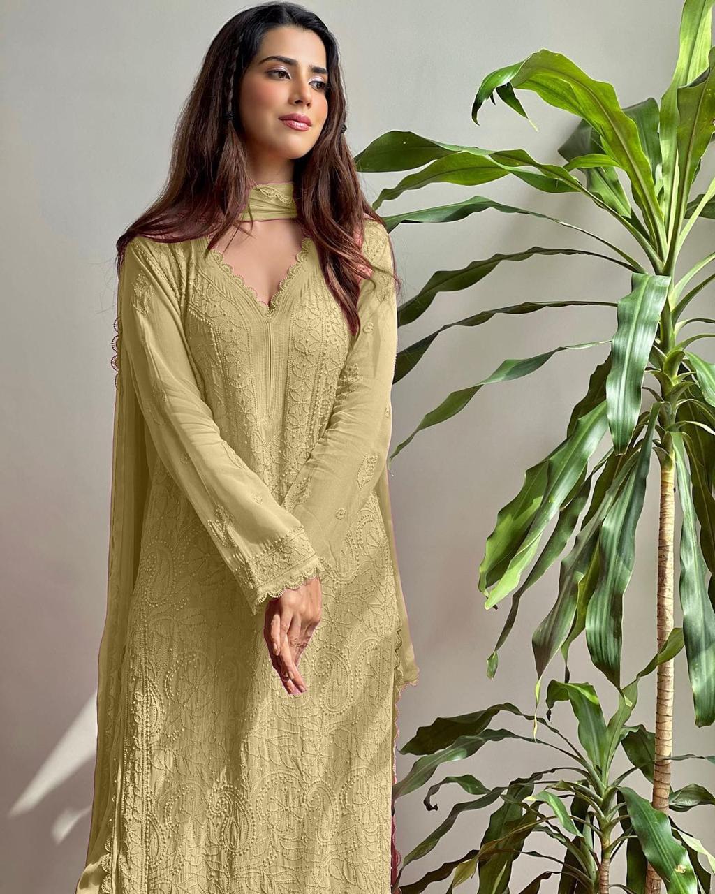 Chikan Kari Embroidery 3 Piece Suit