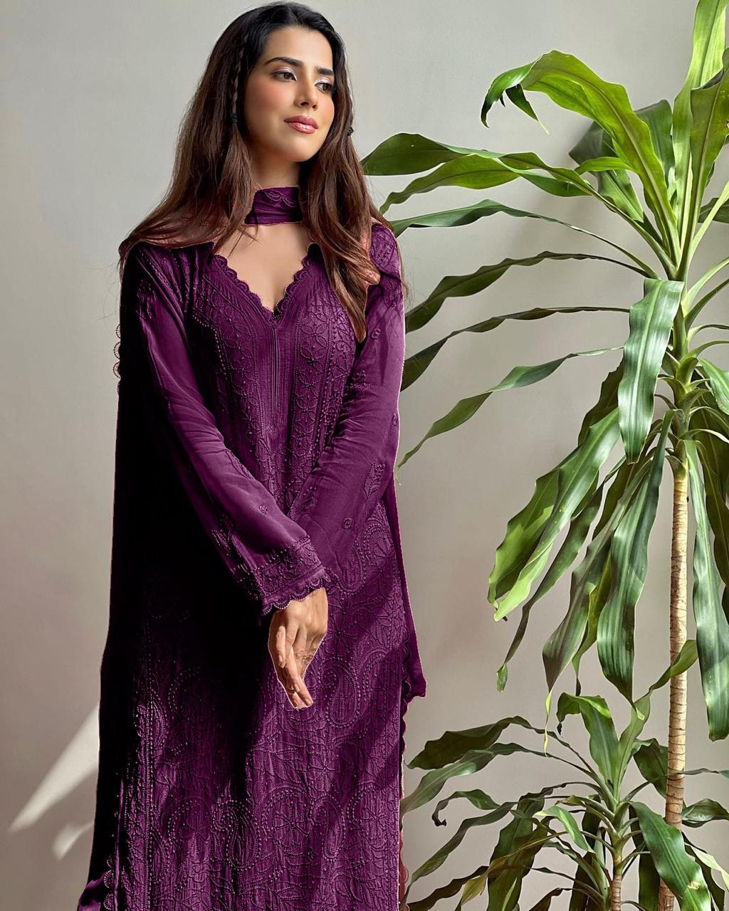 Chikan Kari Embroidery 3 Piece Suit
