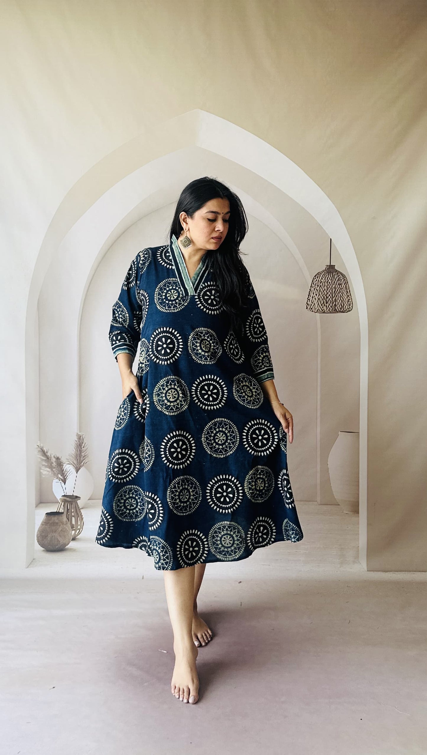 COTTON AJRAKH NATURAL HANDBLOCK PRINT ONE PIECE
