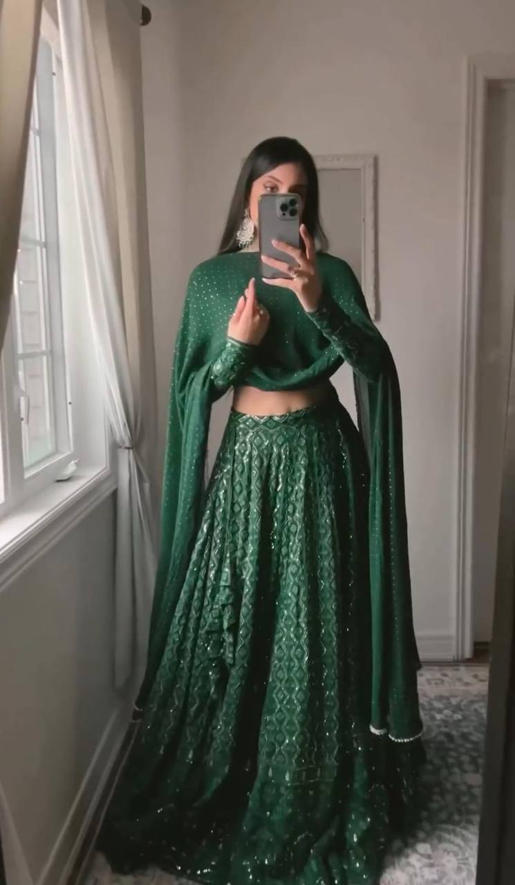 GREEN CHIKANKARI LEHENGA