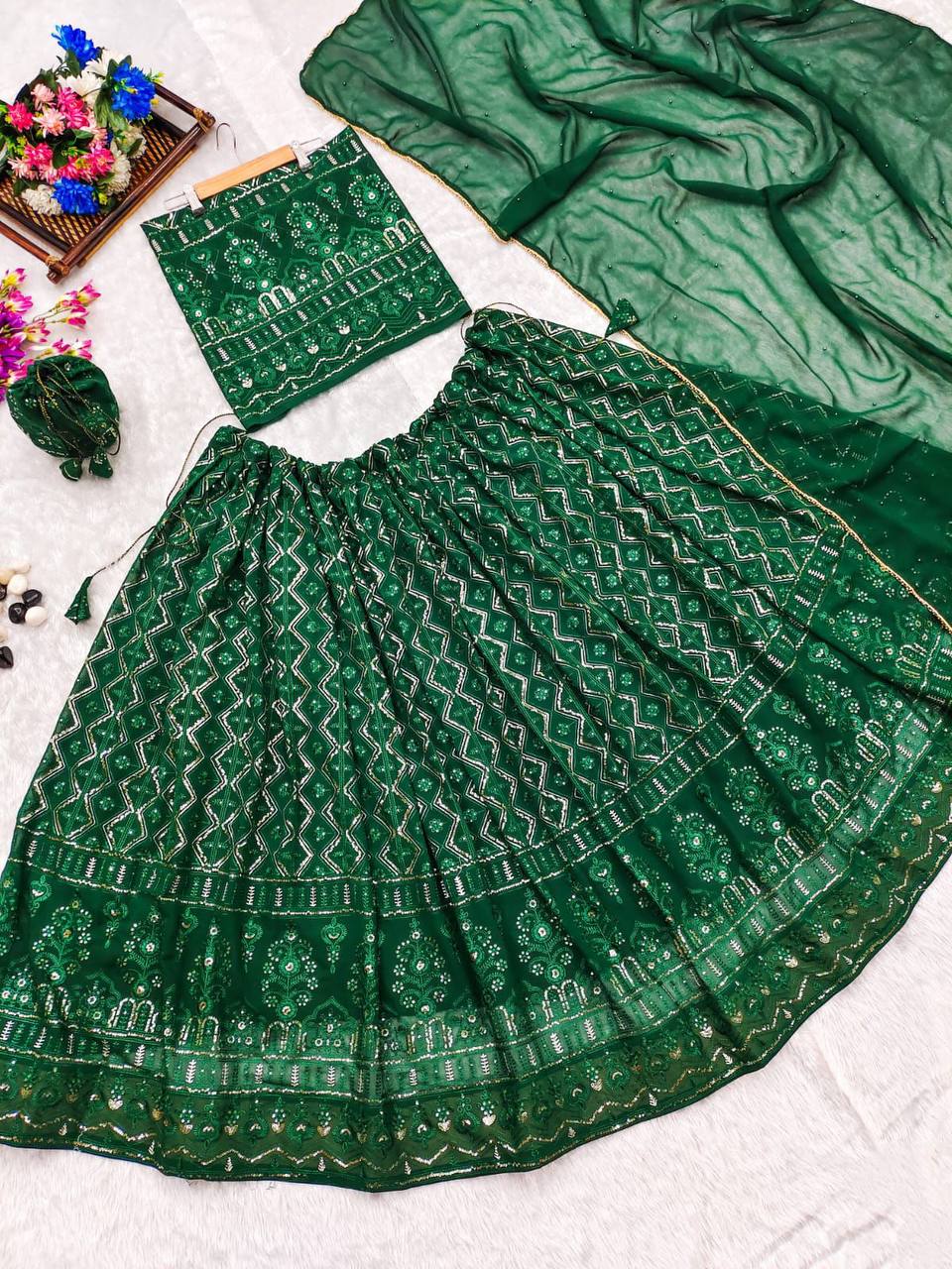 GREEN CHIKANKARI LEHENGA