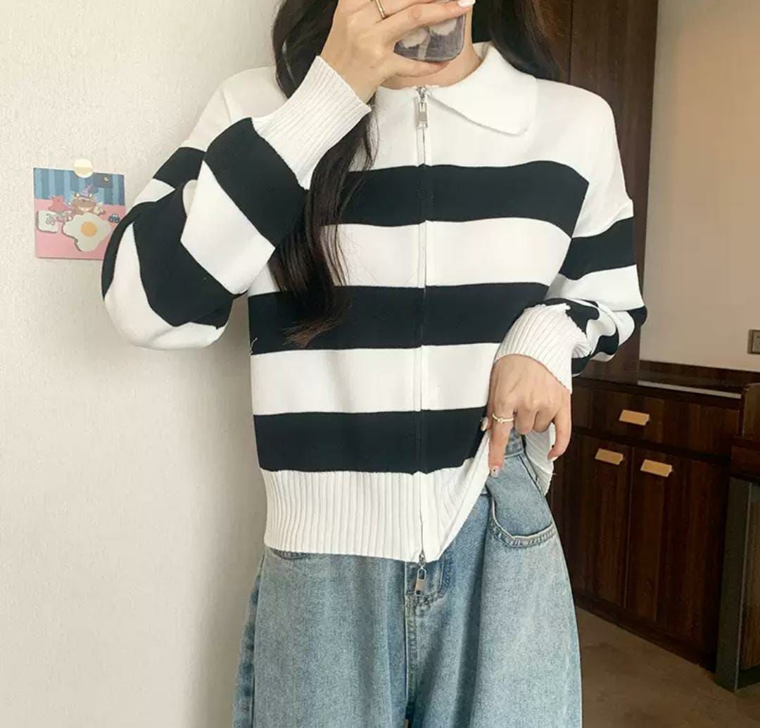 Striped Polo Neck Cardigan