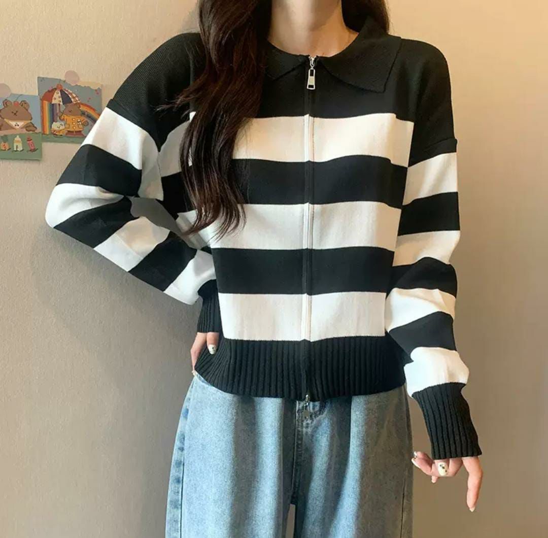Striped Polo Neck Cardigan