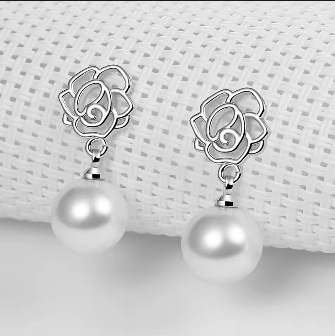 Silver Plated Rose Pearl Earrings