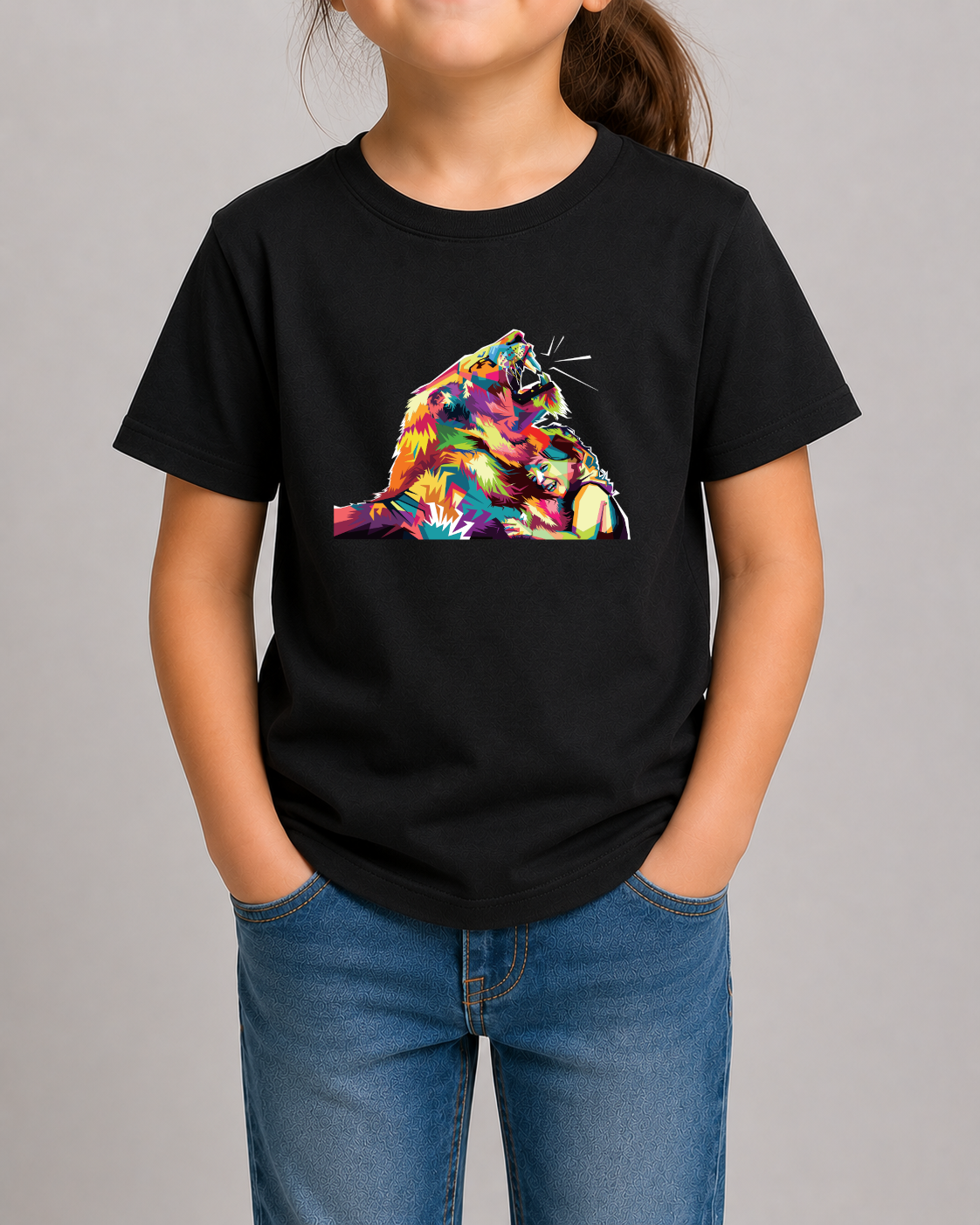 Colourful Girl Hugging Lion Tshirt