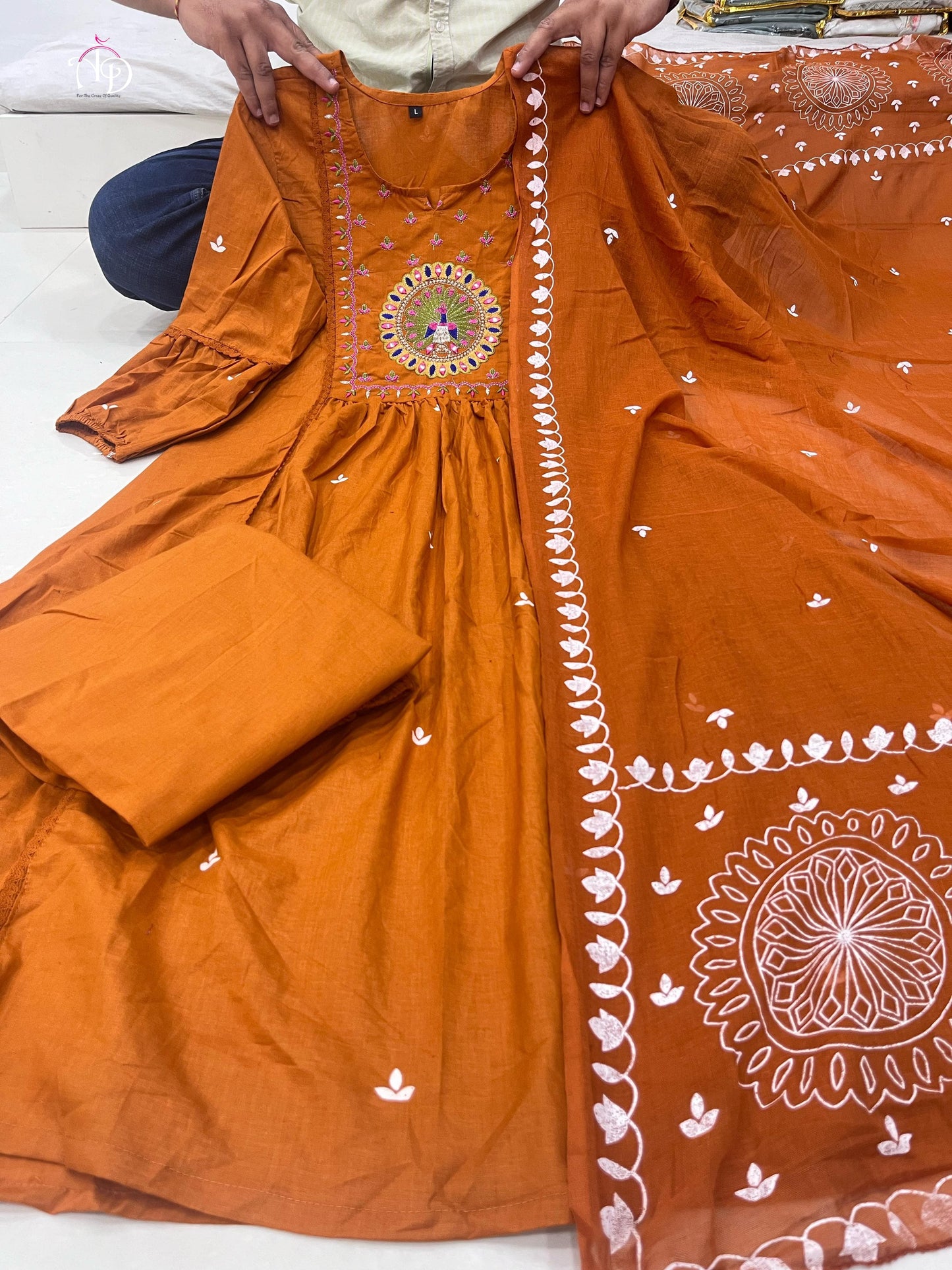 Orange MAL Cotton Kurti Pant Dupatta Set