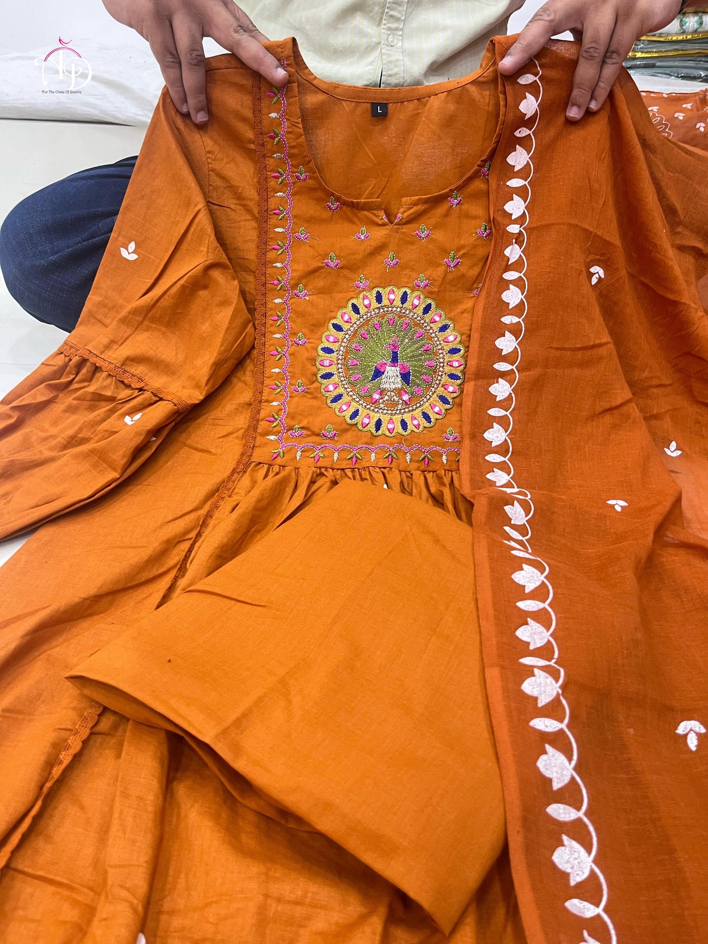 Orange MAL Cotton Kurti Pant Dupatta Set