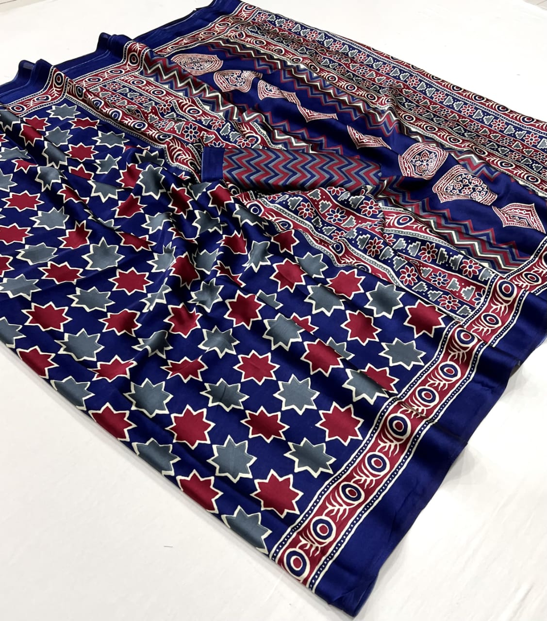 Ajrakh Digital Print Muslin fabric Saree