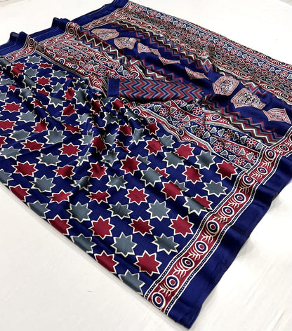 Ajrakh Digital Print Muslin fabric Saree