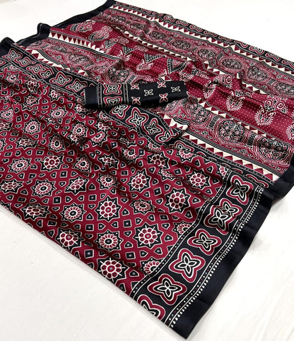 Ajrakh Digital Print Muslin fabric Saree