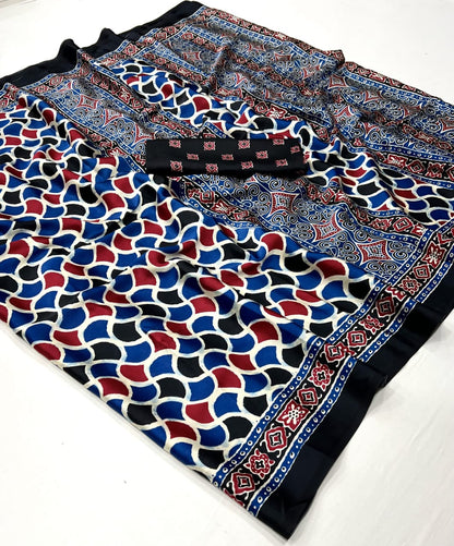 Ajrakh Digital Print Muslin fabric Saree