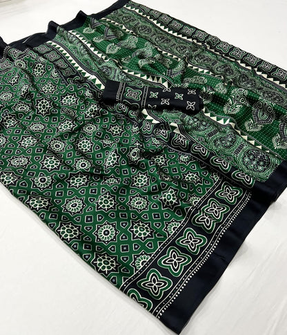 Ajrakh Digital Print Muslin fabric Saree