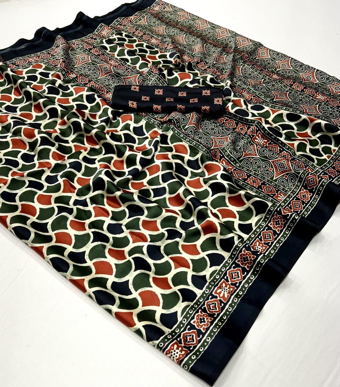 Ajrakh Digital Print Muslin fabric Saree