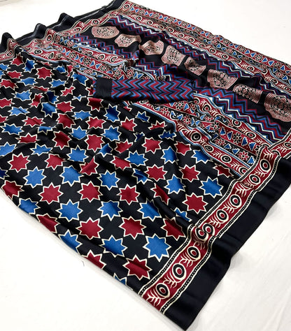Ajrakh Digital Print Muslin fabric Saree