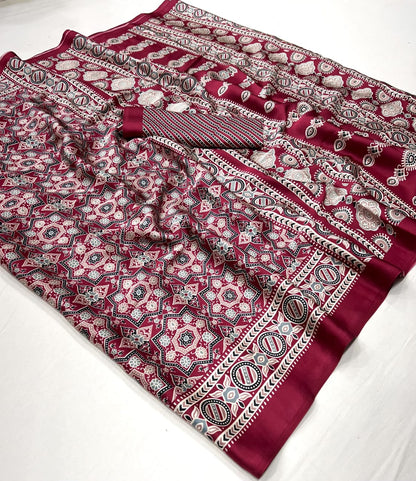 Ajrakh Digital Print Muslin fabric Saree