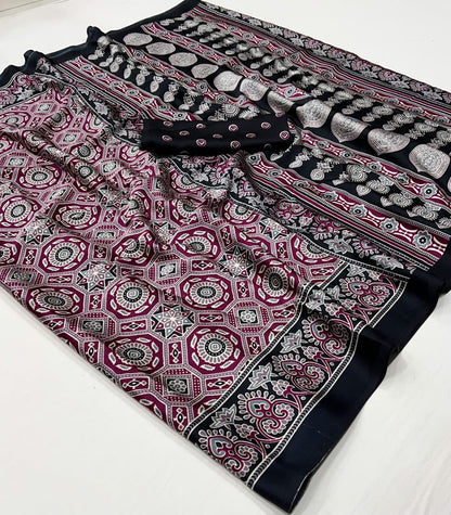 Ajrakh Digital Print Muslin fabric Saree