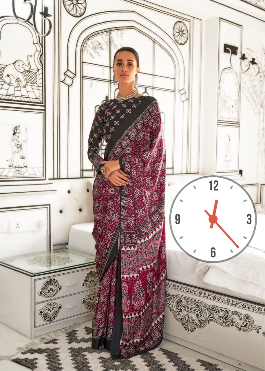 Ajrakh Digital Print Muslin fabric Saree