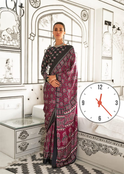 Ajrakh Digital Print Muslin fabric Saree