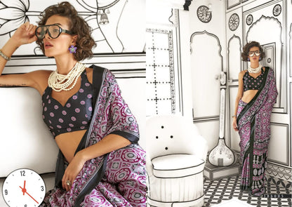 Ajrakh Digital Print Muslin fabric Saree
