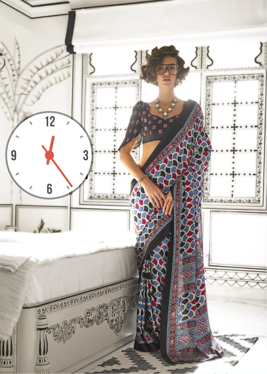 Ajrakh Digital Print Muslin fabric Saree