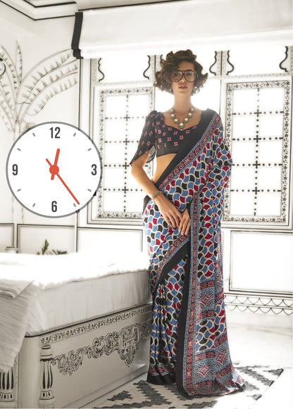 Ajrakh Digital Print Muslin fabric Saree