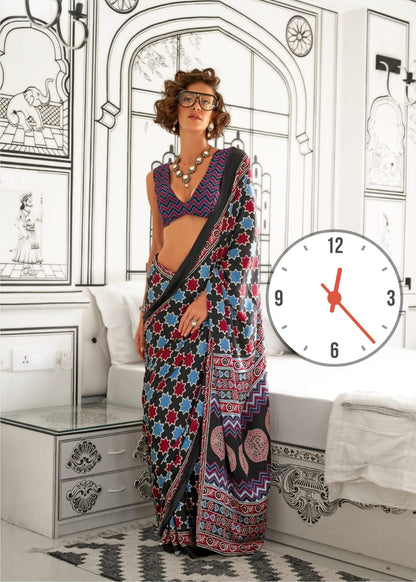 Ajrakh Digital Print Muslin fabric Saree