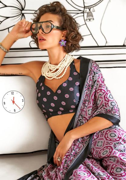 Ajrakh Digital Print Muslin fabric Saree