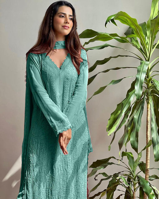 Chikan Kari Embroidery 3 Piece Suit