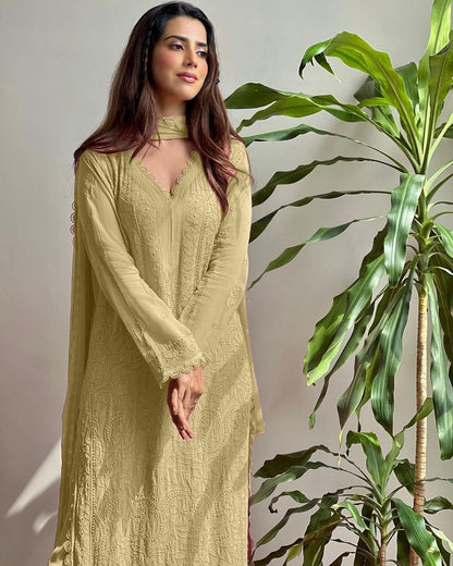 Chikan Kari Embroidery 3 Piece Suit