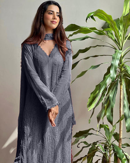 Chikan Kari Embroidery 3 Piece Suit