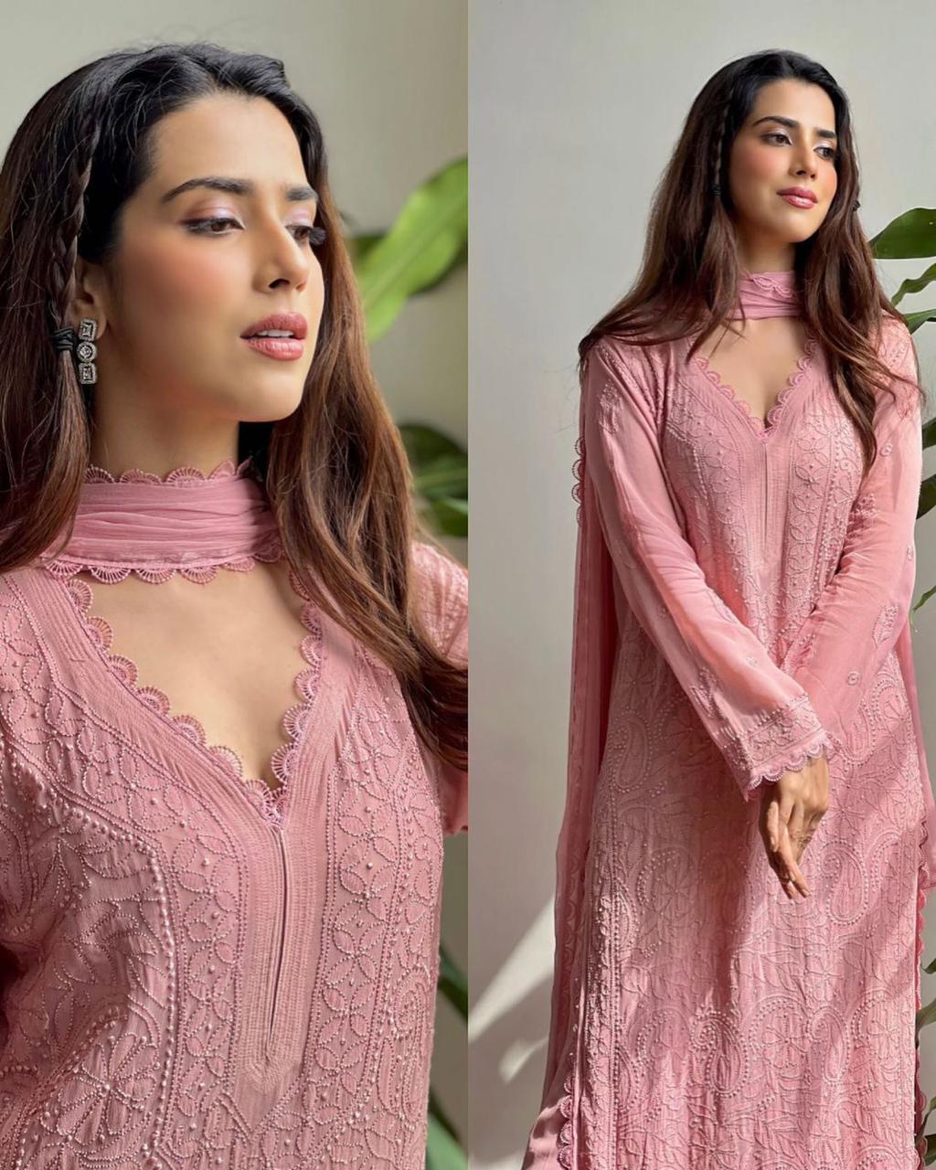 Chikan Kari Embroidery 3 Piece Suit