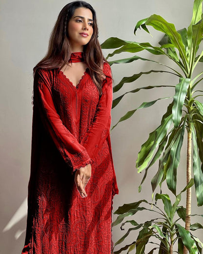 Chikan Kari Embroidery 3 Piece Suit