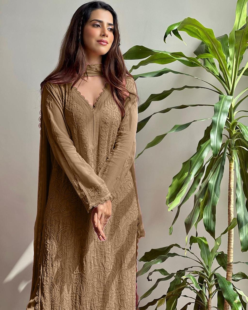 Chikan Kari Embroidery 3 Piece Suit