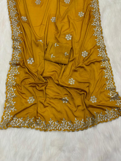 Pure Chinnon Sequence Embroidery Work Saree