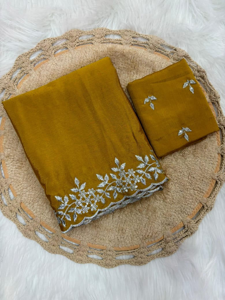 Pure Chinnon Sequence Embroidery Work Saree