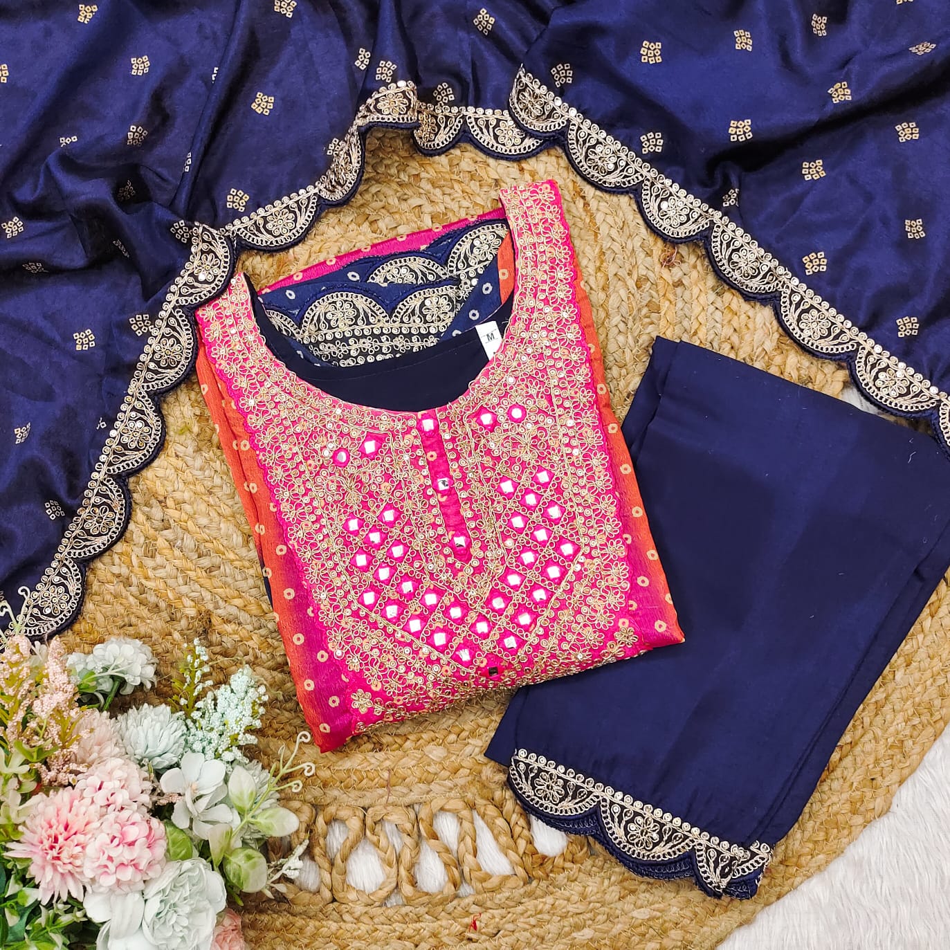 Multi-Coloured Bandhni Print With Mirror Work