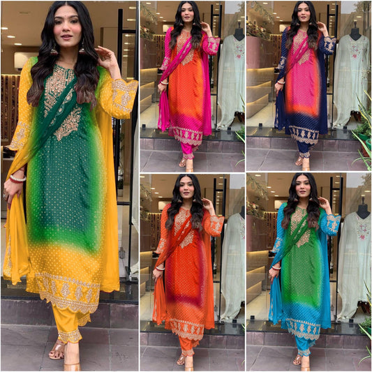 Multi-Coloured Bandhni Print With Mirror Work