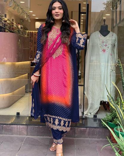 Multi-Coloured Bandhni Print With Mirror Work